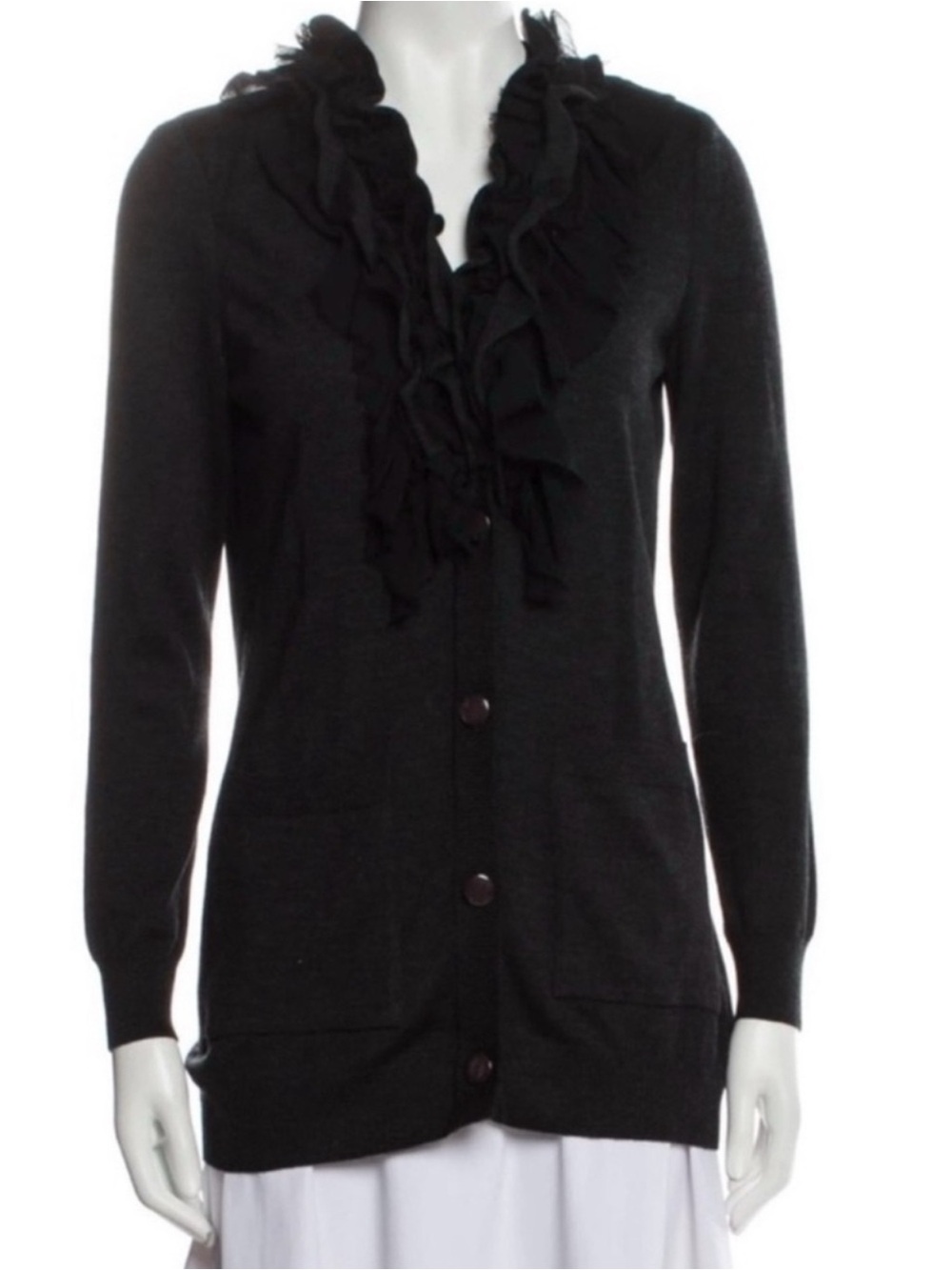 ST. JOHN Black Ruffle V-Neck Cardigan